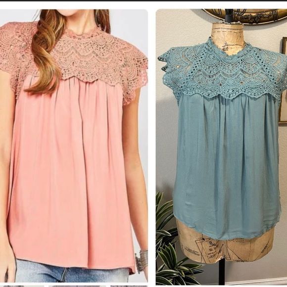 entro Tops - Entro Green Blue Crocheted Lace Cap Sleeve Blouse Sz Med Trendy Boho